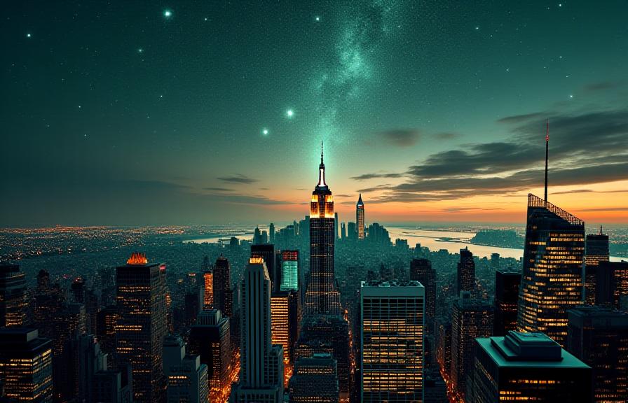 A serene view of the New York skyline at dusk with cosmic overlay